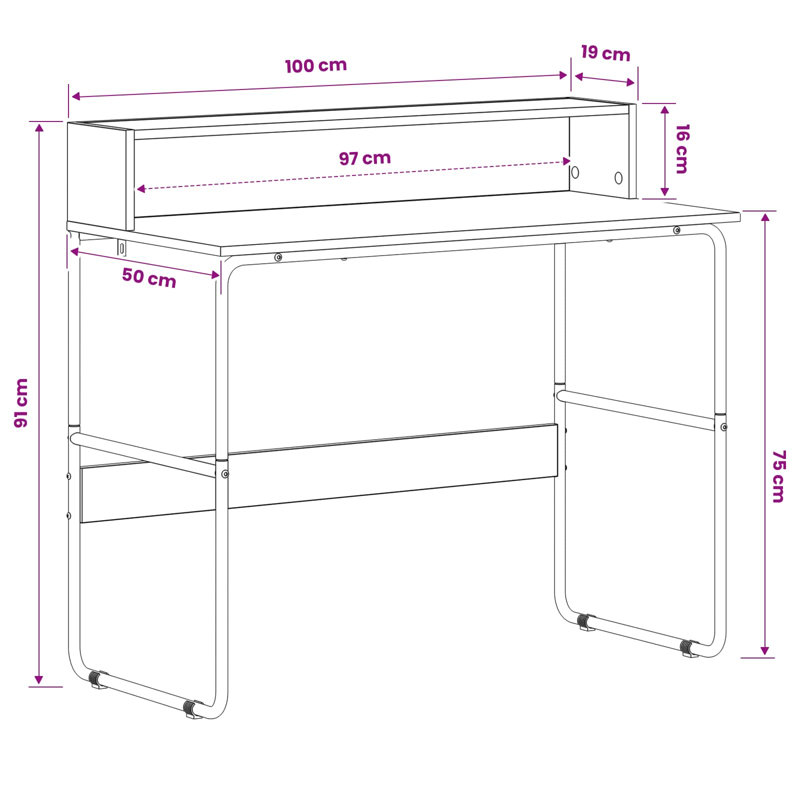 Steel Writing Desk, 91 cm H x 100 cm W x 50 cm D, Black Oak/Black