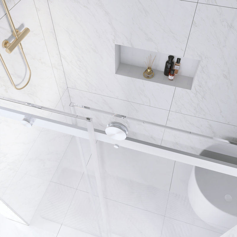 56 In. -60 In. W × 76  In. H Frameless Single Sliding Shower Door With 1/4"Clear  Tempered Glass In Brushed Nickel |  Explosion Proof Film | Square Tube Track | Stainless Steel Handle