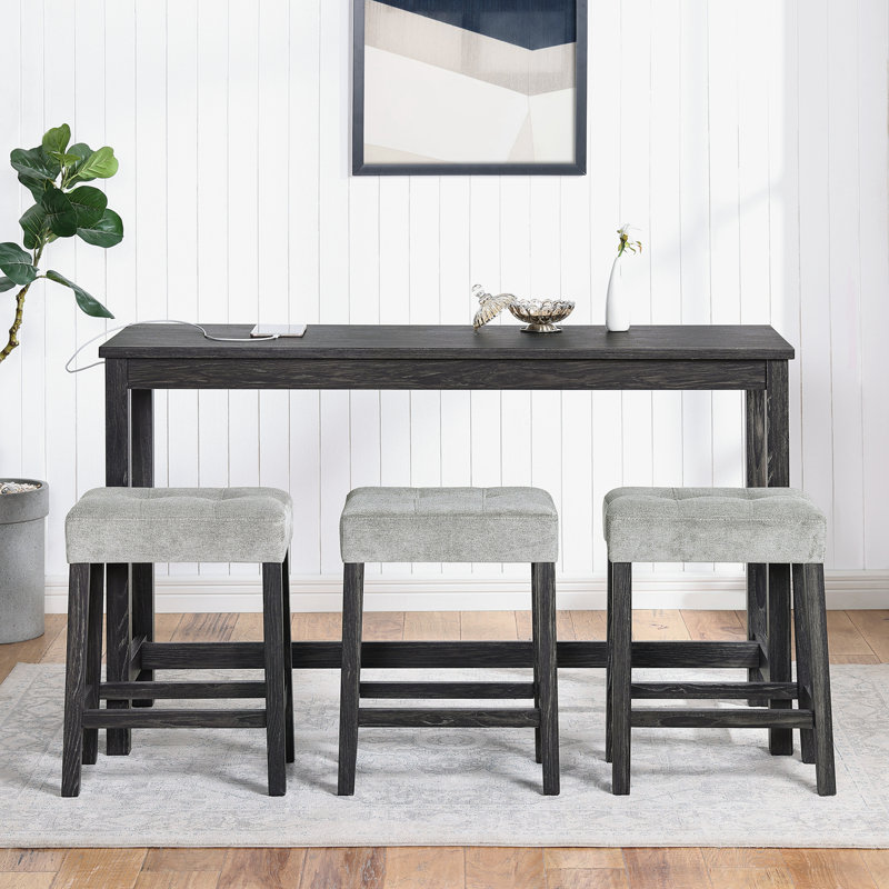 Ensemble de table de salle à manger 4 pièces avec 3 tabourets sans dossier et prise de courant, Brun-noir