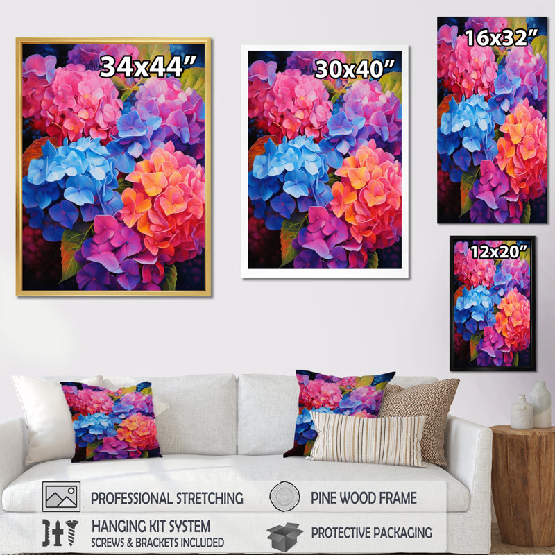 Essence rayonnante d'hortensia bleu corail - Imprimé, Cadre photo noir, H 32 po x l 16 po x P 1 po