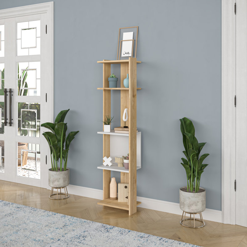 Stylish Oak w/ White Bookshelf, 5 Shelves, 64.9 x 10.6 x 65.0 inches | 100% Melamine Coated Particle Board, Thickness: 0.7 inches | Wall-Mountable, Modern Design Perfect for Living Room, Office w/ Study