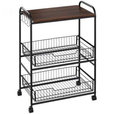 3-Tier Rolling Kitchen Cart, Utility Storage Trolley With 2 Basket Drawers, Side Hooks For Dining Room