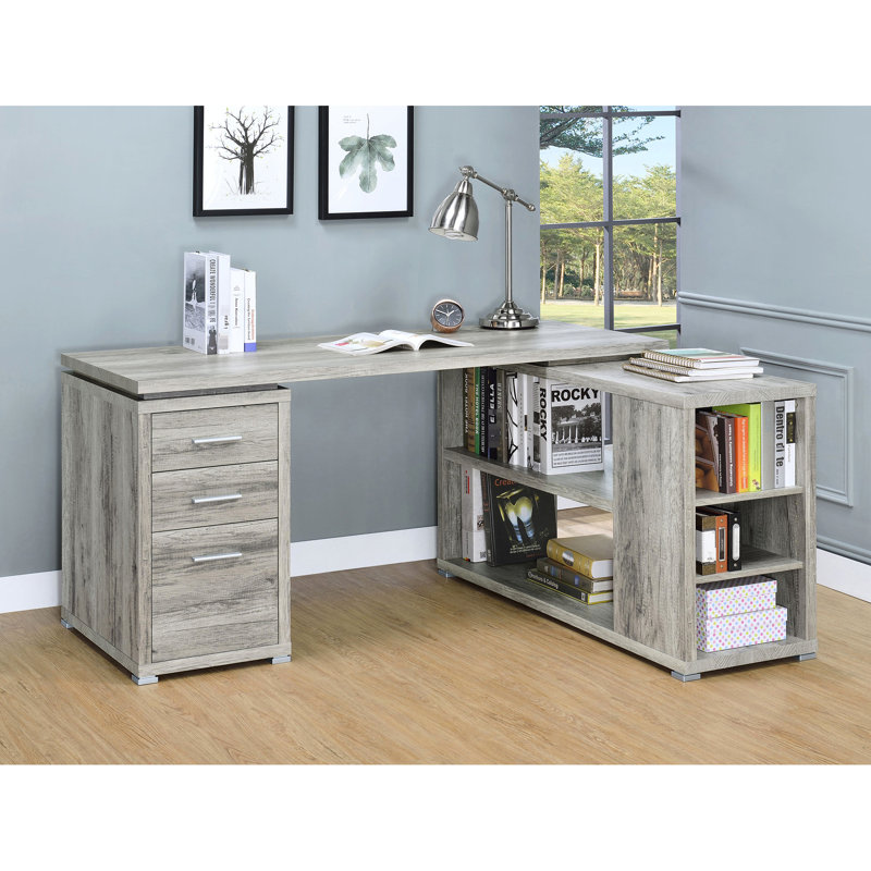 Bureau d'ordinateur gris en bois de grève en L 3 pour bureau avec ambiance côtière et compartiments de rangement spacieux, charme rustique, cinq tablettes amplement