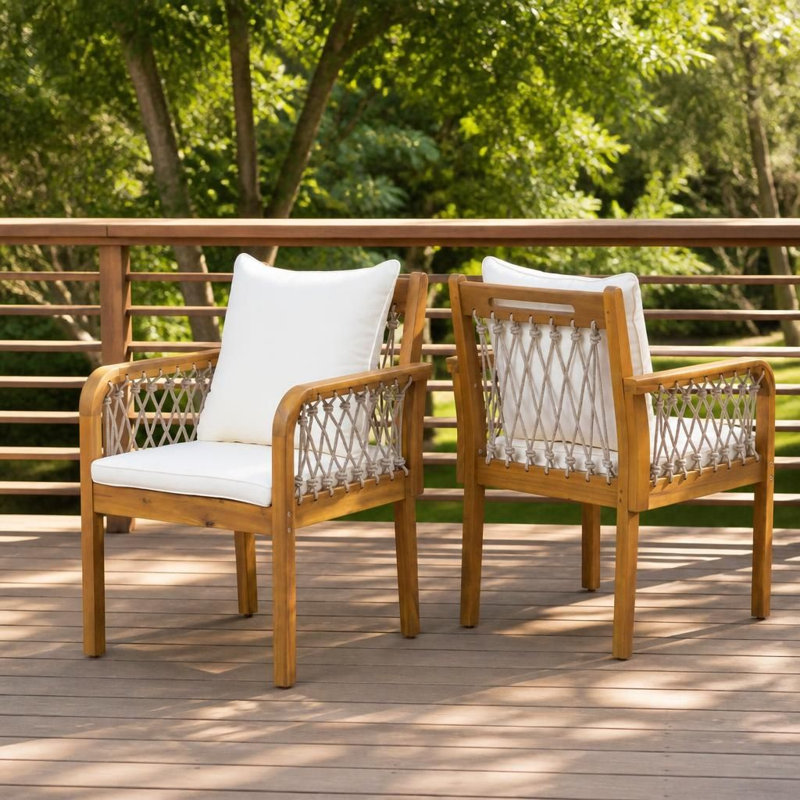 Ensemble de 2 chaises d'extérieur en bois d'acacia de patio avec accoudoirs en corde tissée et coussins résistants aux intempéries, structure robuste à capacité de poids élevée, sièges ergonomiques et confortables