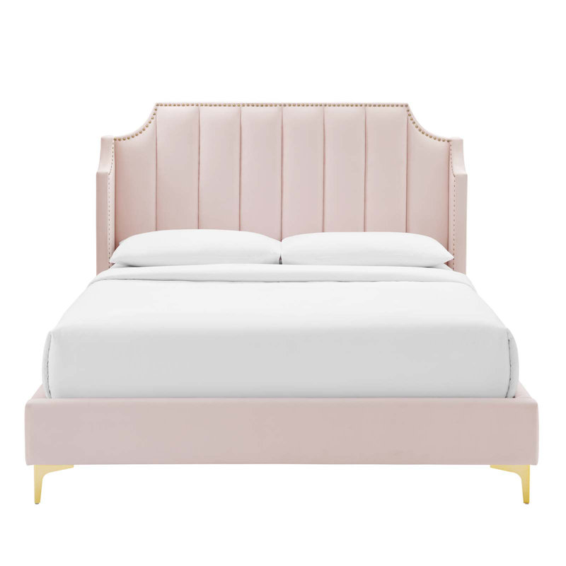 Pink Velvet Queen Platform Bed with Tufted Headboard and Nailhead Trim