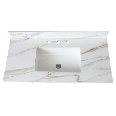 Marble Vanity Top, Bathroom Vanity Top With Undermount Rectangular Middle Sink And 4" Height Backsplash, Pre-Drilledfaucet Hole Spread Vanity Top, Carrara With Veins