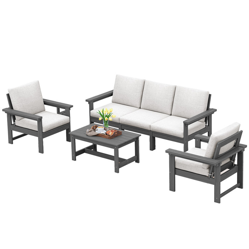 Ensemble de conversation avec canapé en PEHD et coussins 4 pièces Reata, Blanc, Gris