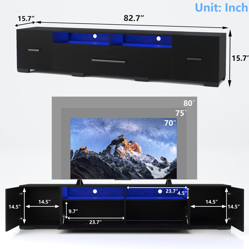 Console de télévision noire avec rangement, meuble de divertissement de 80 pouces, lumières contrôlées par télécommande, 31 options de modification, console au look moderne, centre de rangement, lumières télécommandées, modes changeants, couleur