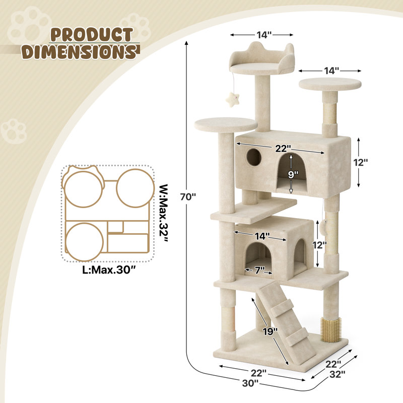 70" Cat Tree Tower With Scratching Posts, Multiple Cat Caves, Top Perch, And Play Features For Indoor Cats, Beige