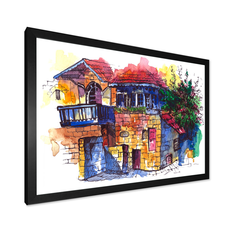 Cityview of Old Europe Village II - peinture sur toile, H 12 po x l 20 po, Toile avec cadre de coin noir fermé