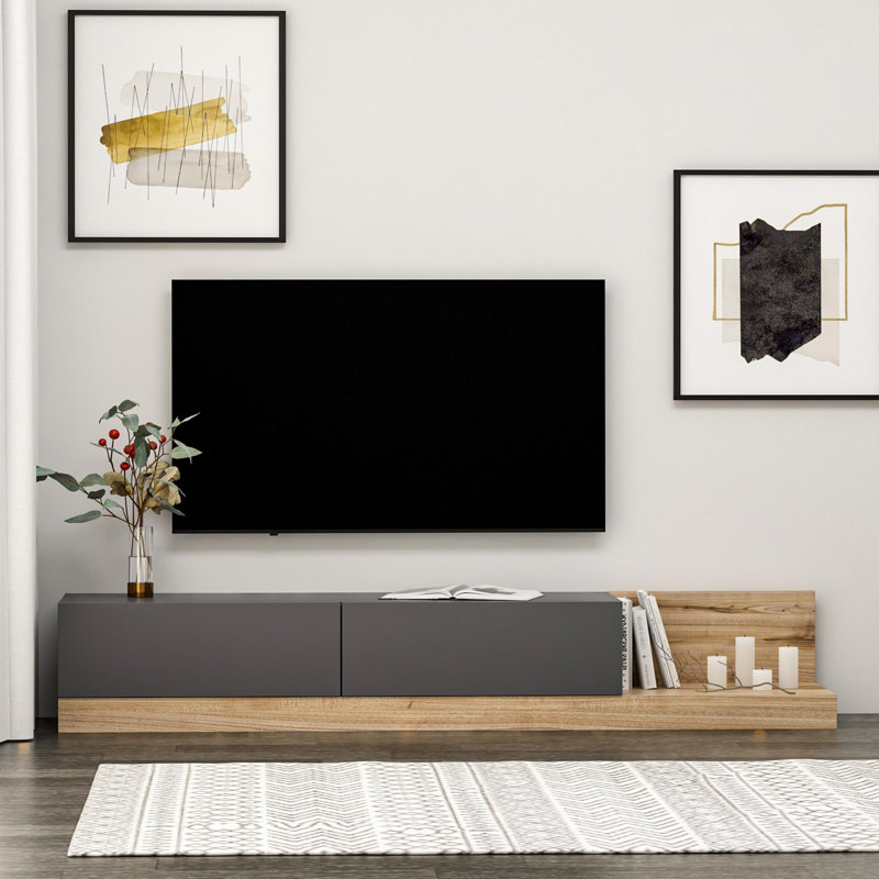 Meuble télé moderne, anthracite et noyer, 70,9 po x 11,8 po x 23,6 po | 100% panneau de particules enduit de mélamine, épaisseur: 0,7 pouce | Conception élégante, parfaite pour le salon et les espaces de divertissement, durable et élégante