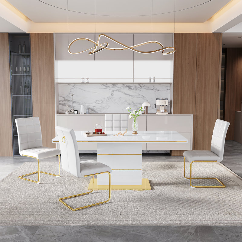 5-Piece Glass Top Dining Table Sets, White, White/Gold, White/Silver
