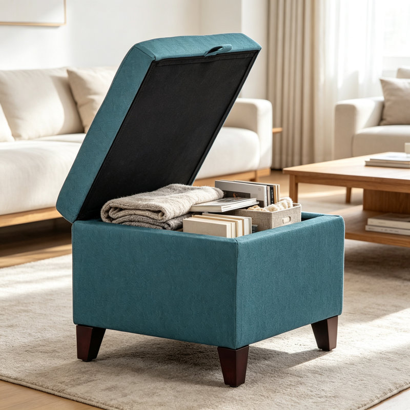Banc ottoman de rangement en lin rembourré de 45 cm avec espace de rangement dissimulé pour salon, Bleu très foncé