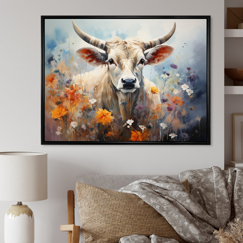 Vache harmonie florale II - imprimé, H 12 po x l 20 po x P 1 po, Cadre flottant noir