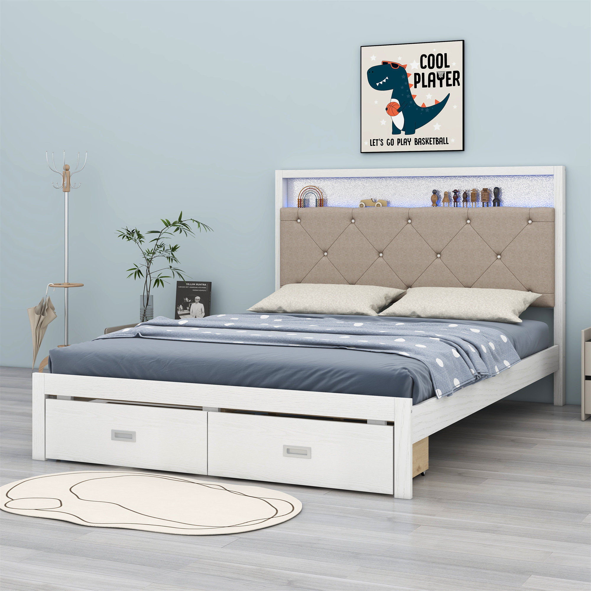 Lit Plateforme En Bois 90x200 Avec Rangements, Tiroirs, Station De