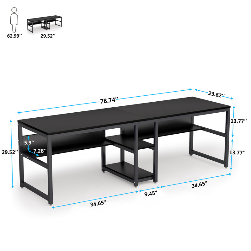 Black Double Workstation Desk with Shelves for Two