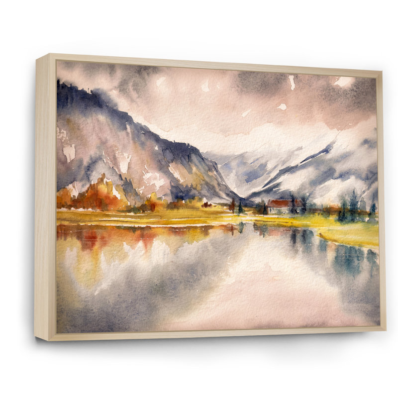 Paysage d'automne avec le ciel reflété sur le lac - Peinture sur toile, H 16 po x l 32 po, Cadre flottant en érable