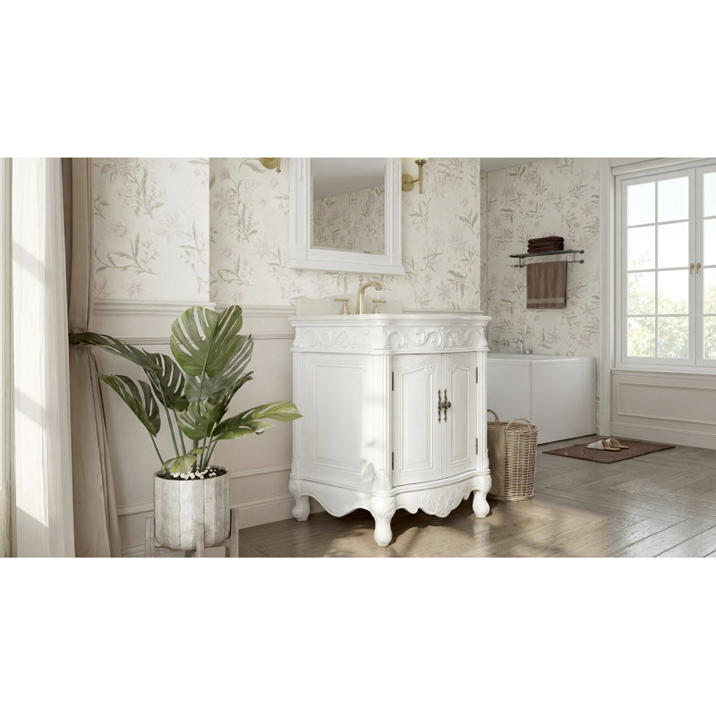 27 Inch Classic Style Antiqued White Hayman Bathroom Sink Vanity, White