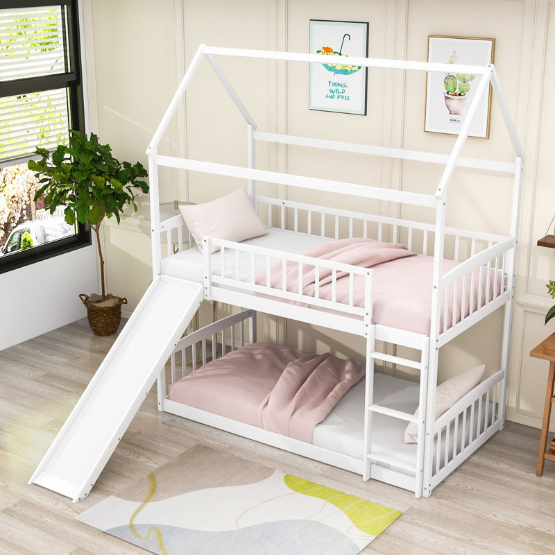 Twin Over Twin Bunk Bed with Slide and Roof,Ladder