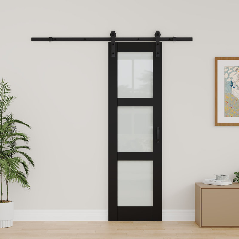 Panneau de porte pré-assemblé, porte de grange coulissante en verre trempé givré en bois massif avec finition noire et portes de salle de bain (fermeture en douceur incluse)