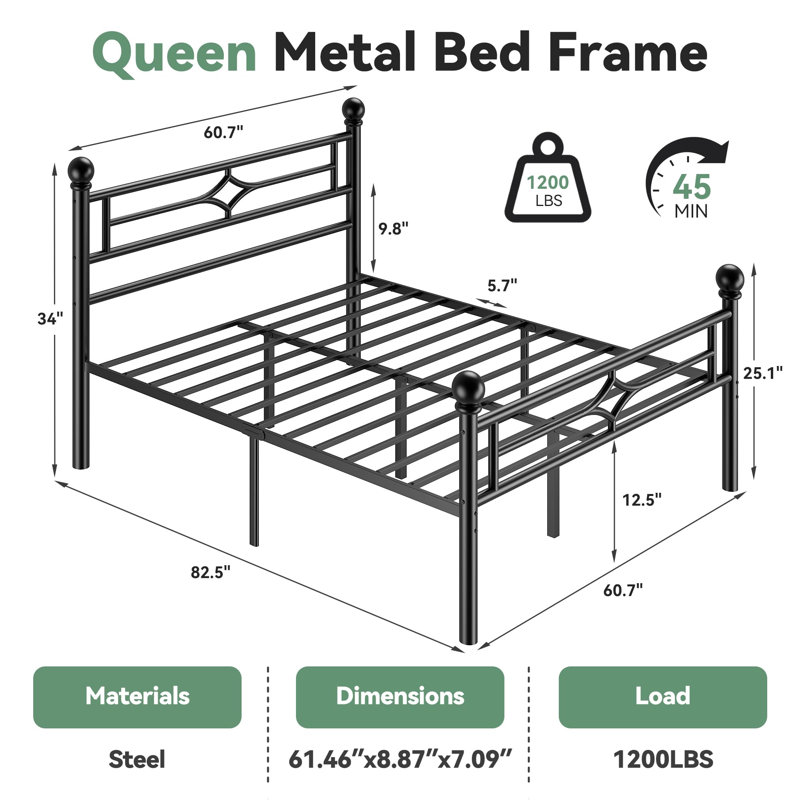 Titan Queen Bed Frame With Headboard And Footboard, Metal Platform Bed Frame With Round Corner Ball, 1200 LBS Heavy Duty Steel Slats Support, No Box Spring Needed/Noise-Free/Easy Assembly, Black