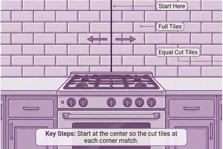 illustration showing that backsplash installation should start from the center and move outward