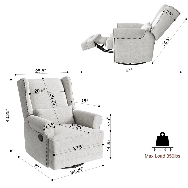 34" Wide Upholstered Manual Swivel Rocking Recliner,Set of 2, Light Gray