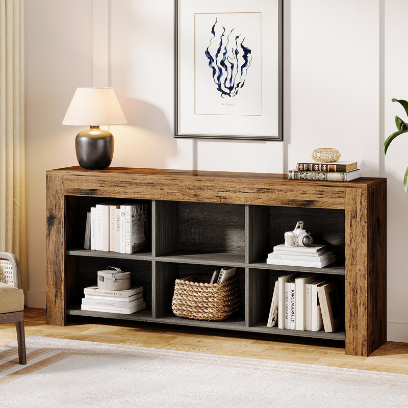 Horizontal Bookcase With 6 Cubes Storage Organizer, Brown/Black