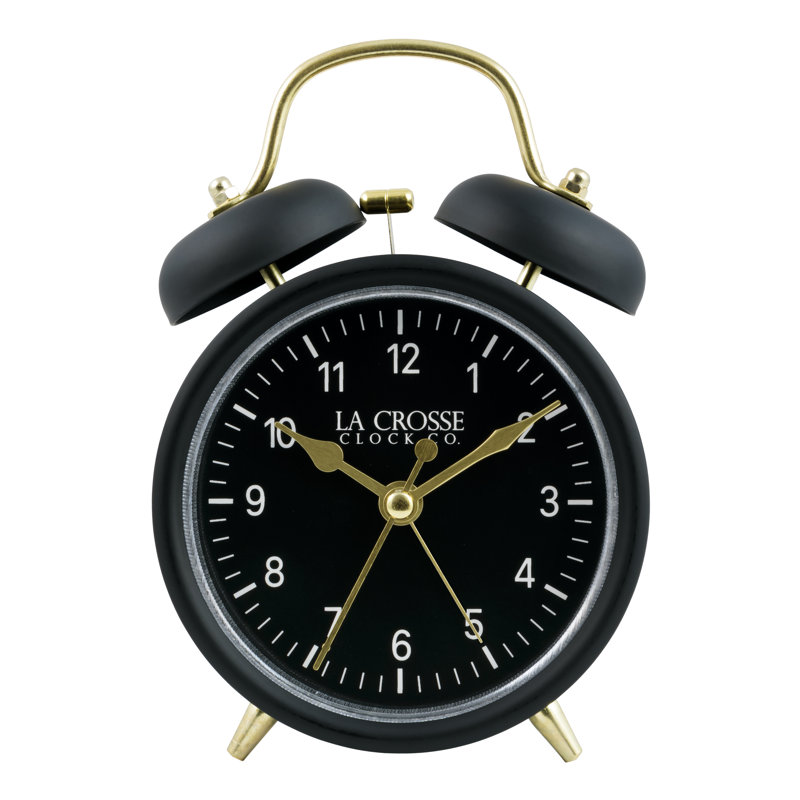 Black Twin Bell Quartz Analog Alarm Clock with Gold Accents