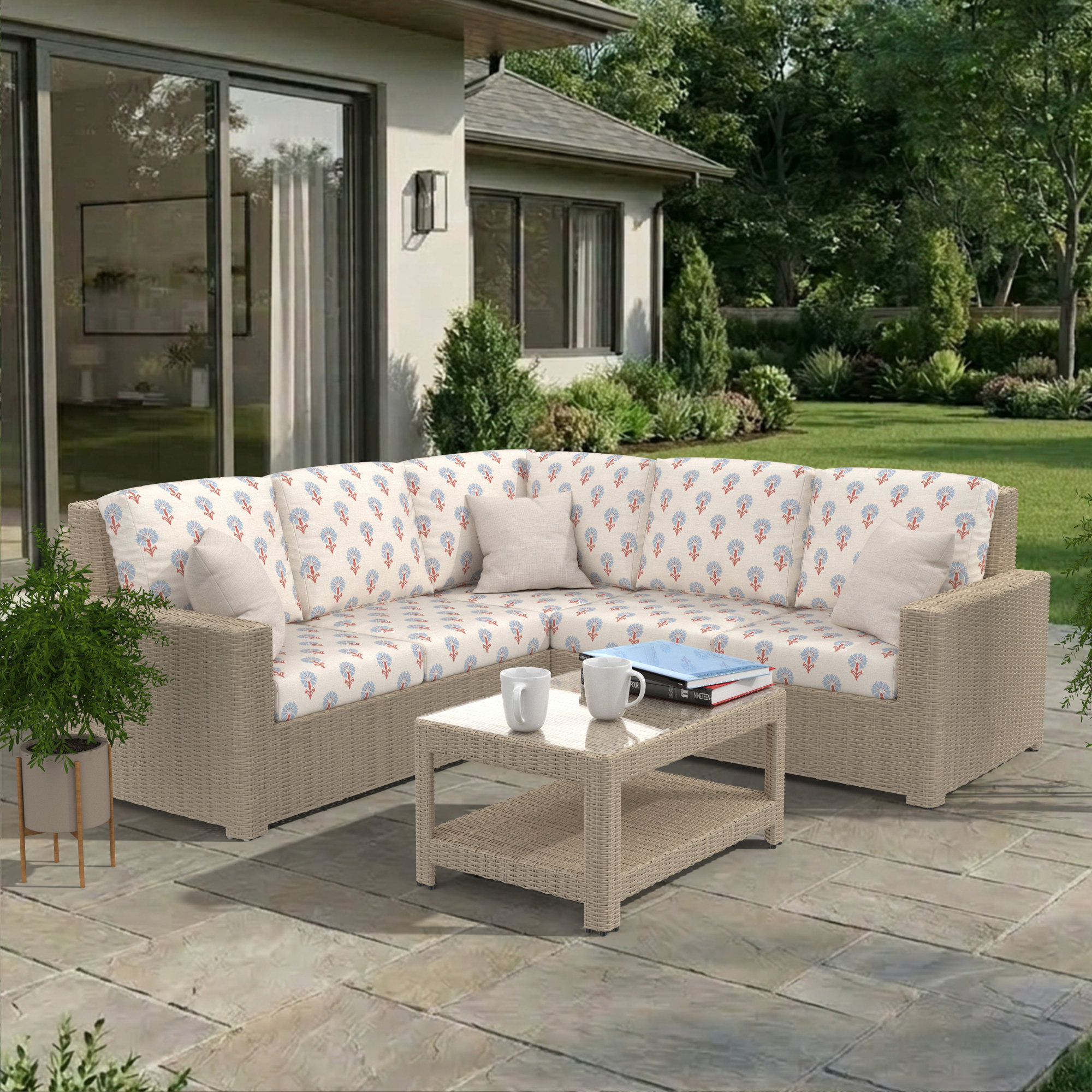 Henri Outdoor Patio Sectional With Sunbrella Cushions, Mira Bluebell