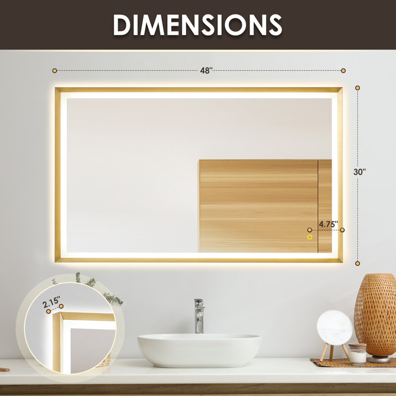 Apollo Anti-Fog Dimmable Bathroom/Vanity LED Lighted Wall Mirror in Aluminum, 30" x 48", Gold