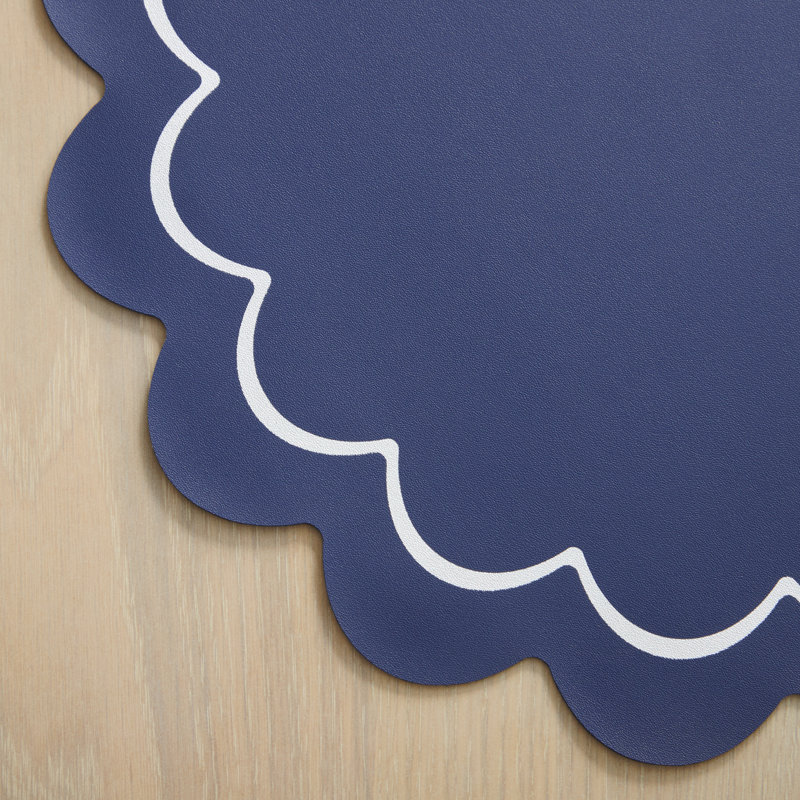 Navy and Silver Faux Leather Scallop Edge Round Placemats Set of 6