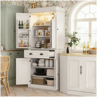 Armoire de cuisine de style nordique avec lumières DEL, 6 tablettes de porte, un tiroir et 4 tablettes réglables pour la maison