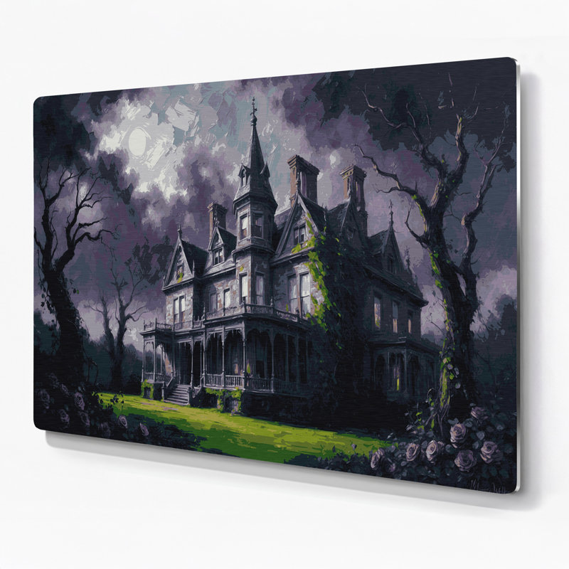 Art mural gris d'Halloween, maisons hantées gris, H 12 po x l 18 po