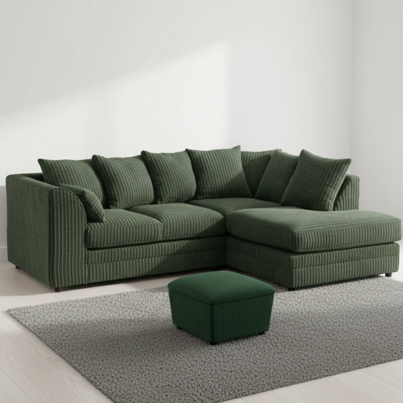 Jumbo Cord Upholstered Corner Sofa Small Back Cushion with Foot Stool , Brown, Right Hand Facing