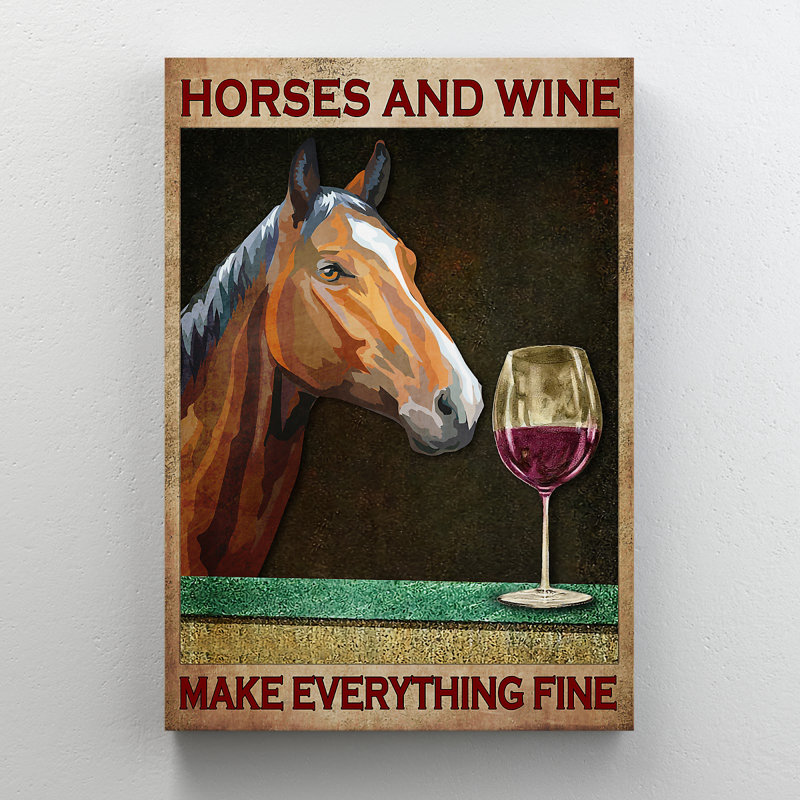 Cheval buvant du vin, des chevaux et du vin qui font tout bien - impression sur toile tendue, H 20 po x l 16 po x P 2 po