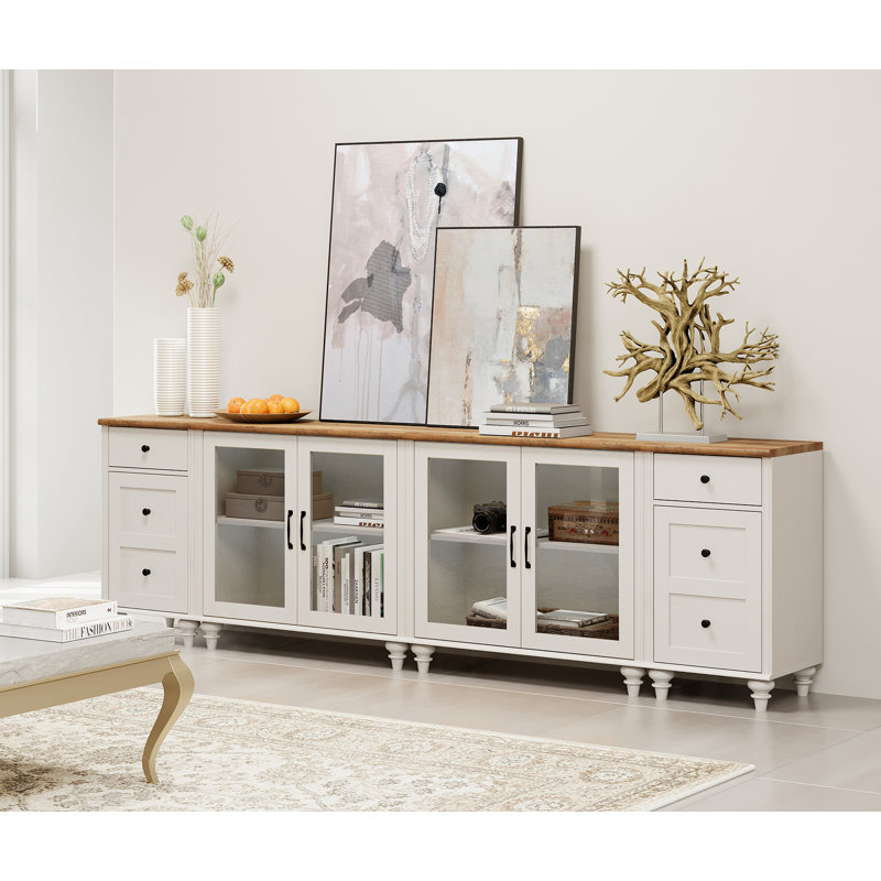 Scarlett Sideboard Cabinet with 4 Glass Doors and Multiple Drawers, White/Brown
