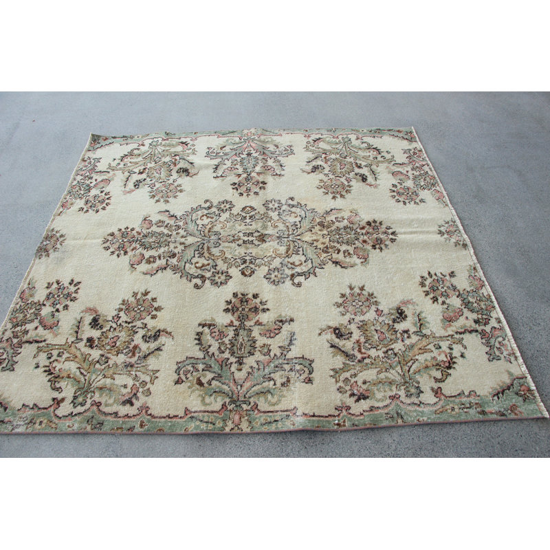 Tapis turc beige à motif floral Oushak idéal pour les espaces de salle à manger et une idée cadeau parfaite pour lui