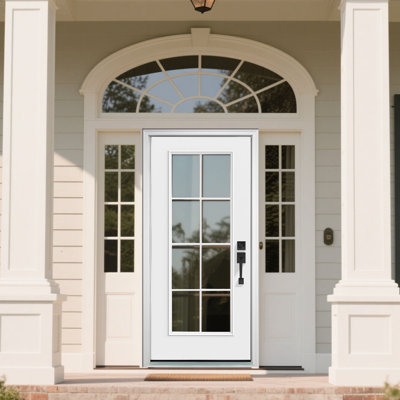 Fiberglass Exterior Door With Brickmould & Vinyl Frame,Knock-Down Entry Door,Full View Wooden Grain Primed(One set: door slab*1; another set: door frame*1)