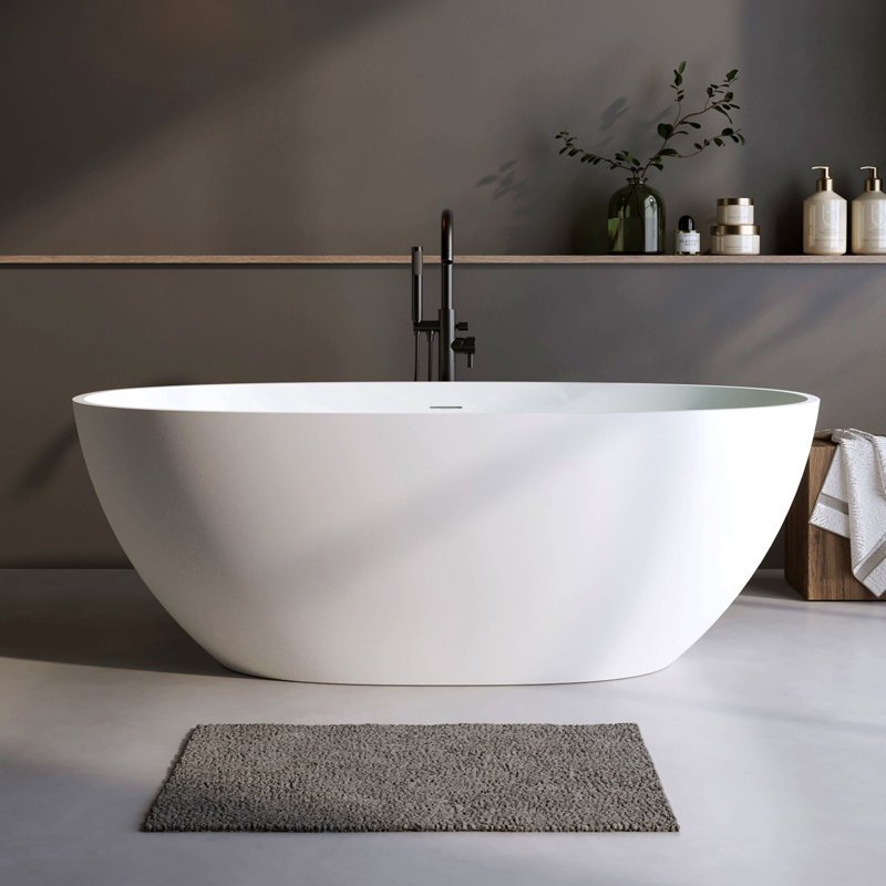 Solid Surface Matte Tub, Solid Surface Soaking Tub, Stone Resin Freestanding Bathtub, Thick Edge Stand Alone Tubs With Overflow, Pop-Up Drain, Matte White (Oval)