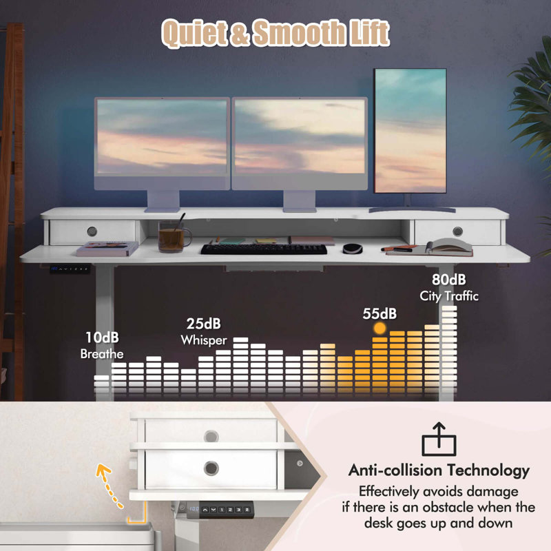 63" x 24" Electric Standing Desk with 2 Drawers Monitor Stand Storage Shelf, White