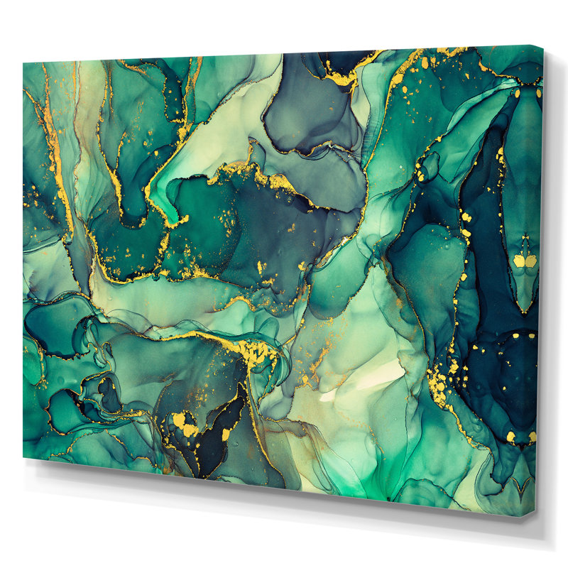 «Green Luxury Abstract Fluid Art IV», reproduction d'art sur toile moderne, H 24 po x l 32 po, Toile tendue