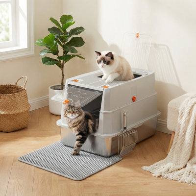 Stainless Steel Litter Box with lid,165° Flip-Top Large Enclosed Cat Litter Box with Metal Litter Scoop & Cat Litter Mat.Non-Sticky, Non-Odor, Easy Cleaning-Light Gray