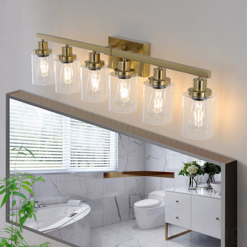 Luminaire pour meuble-lavabo de salle de bain doré à 6 lumières de 37 po avec abat-jour en verre transparent