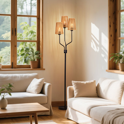 70" 3-Light Mid-Century Rattan Tree Floor Lamp, Black Metal Standing Lamp with 3 Bulbs Included