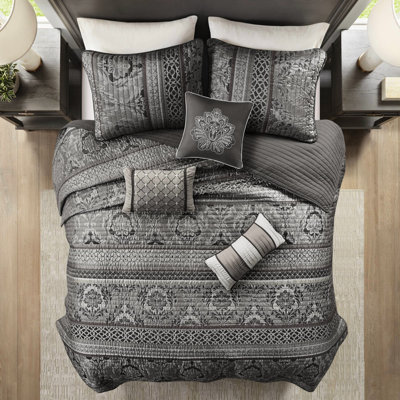 Full/Queen 6 Piece Quilt With Grey , Material, Leaf And , Machine Washable Throw Pillows, Stitching, Reversible Styling