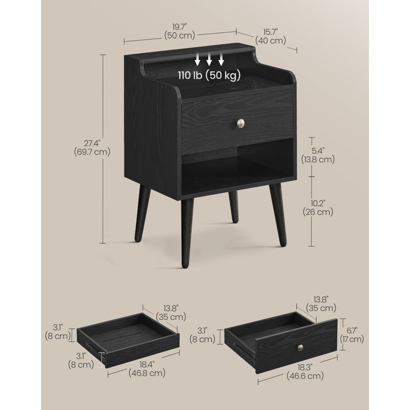 2 Drawer Nightstands With Hidden Drawers, Solid Wood Legs, Ebony Black