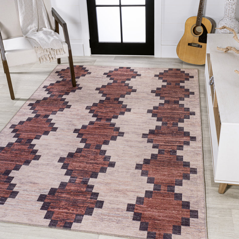 Zed Modern Trellis Kilim Machine-Washable Red/Ivory Rug, Rectangle 3'11" x 6'