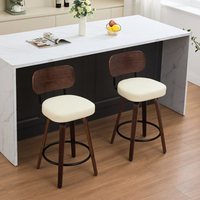 Mid Century Modern, 26" Upholstered Faux Leather Swivel Bar Stools Of 2, Walnut Back & Legs, Ergonomic , 360° Swivel, Dining Room Beige Pu Leather, Metal Footrest, Kitchen Island