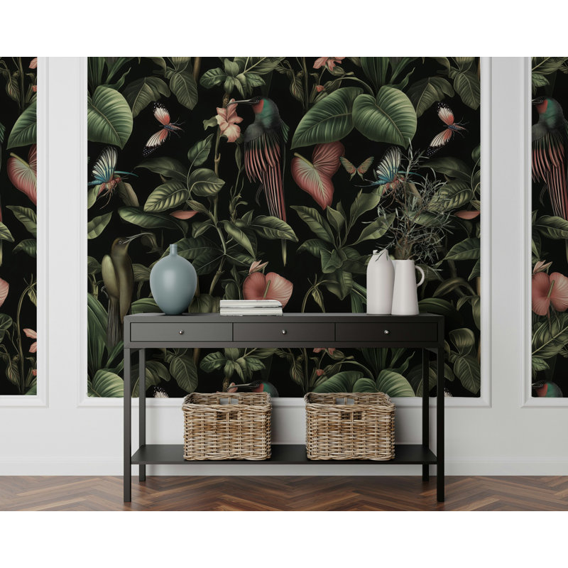 Adhésif mural tropical, oiseaux et papillons exotiques, paradis nocturne